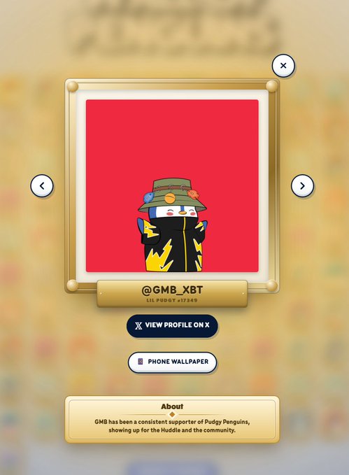 A Pudgy Penguins NFT profile card displaying character 'GMB_XBT' (Lil Pudgy #17549) with options to view profile on X or get a phone wallpaper.