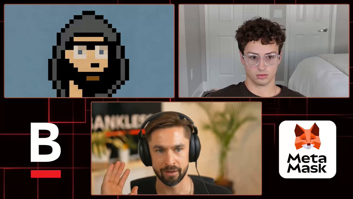 The image shows three different people sitting down for an interview, with each person wearing headphones. The first person has a beard and is wearing glasses, while the other two individuals are not wearing any facial hair or glasses. They appear to be discussing the topic of cryptocurrency, specifically MetaMask, which is related to the post's title.