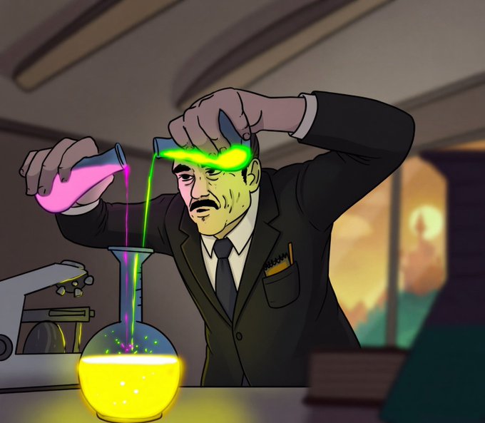 The cartoon image shows a man in a suit pouring two different colored liquids (pink and green) into a flask, with green light glowing from his eyes, symbolizing the creation of something new and innovative.

The image relates to the post as it visually represents what the author describes as unprecedented, mixing different elements to create something groundbreaking for $SUITS token holders, with "Big Jer" serving as the chef behind this new recipe.
