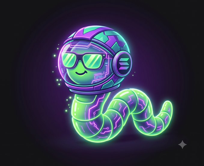 Neon cartoon mascot of a green and purple worm-like character wearing glowing cyberpunk sunglasses and headphones with a Solana-style logo, on a dark background.