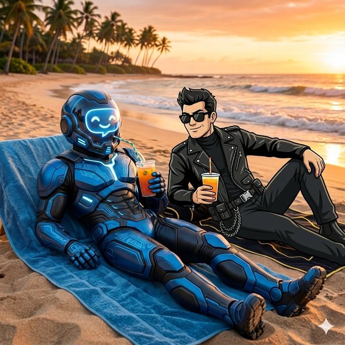 The image shows two people sitting on a beach blanket with their feet in the water. One person is wearing a blue suit that looks like a robot, while the other person has sunglasses and a drink. The background features palm trees and the ocean at sunset. There are also some text elements in the image, including "With @DlicomApp privacy comes first while innovation stays at the center", which suggests that they might be discussing or exploring new ideas related to privacy and technology.
