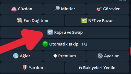 A Turkish-language app or platform menu with categories like Cüzdan (Wallet), Mintler, Görevler, Fon Dağıtımı, NFT ve Pazar, Köprü ve Swap, and Ağlar, with a red arrow pointing to an option.