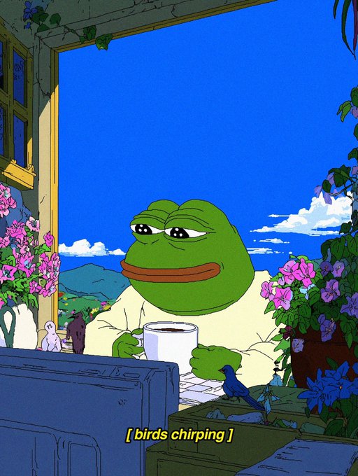 A sad-looking Pepe the Frog sits at a table with a coffee mug, framed by a window and flowers, with the caption "[birds chirping]" displayed below—evoking the serene, repetitive early morning routine that the post humorously exaggerates as an endless loop of "gm" greetings.