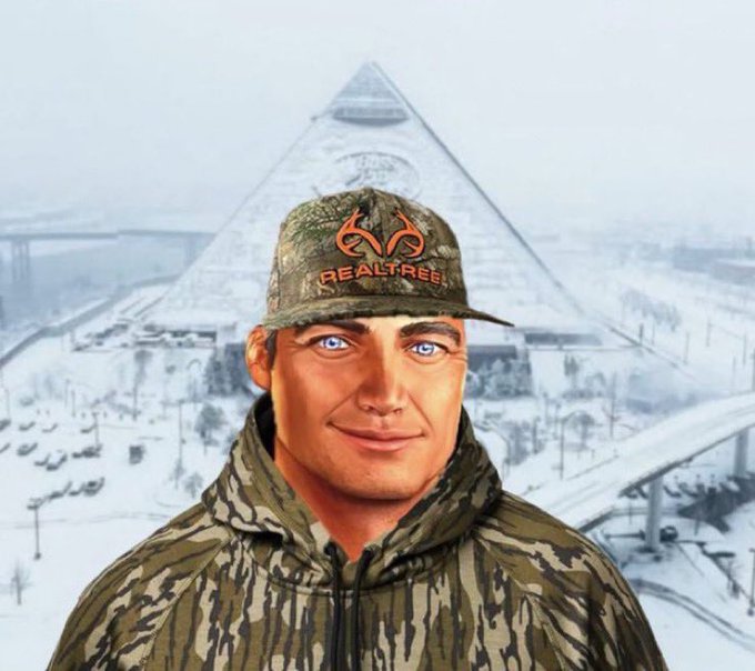 The image features a man wearing camouflage clothing, including a camo hat with an orange "realtree" logo, standing against a snowy background. The man appears to be posing for a photo or participating in some outdoor activity. In the top right corner of the image, there is a text that reads "100x long NEET coin on hyperliquid". This could possibly be a reference to the 100XNEET coin series by the artist who created this image.