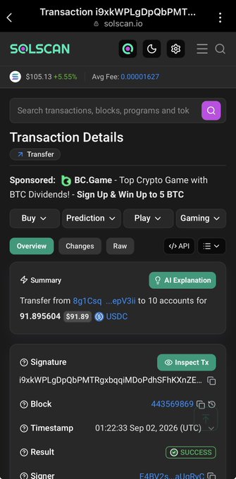 A Solscan transaction details page showing a successful USDC transfer of 91.895604 from '8g1Csq...epV3ii' to 10 accounts, timestamped 01:22:33 Sep 02, 2026 (UTC).