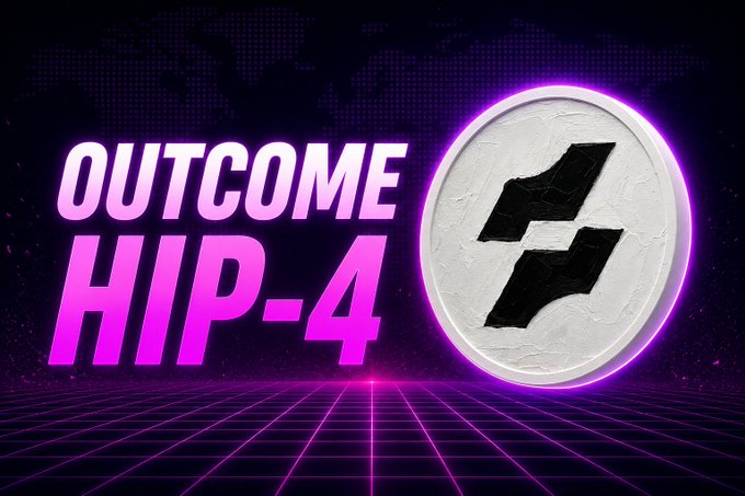 A graphic with retro neon styling displaying 'OUTCOME HIP-4' next to a circular emblem with a stylized black symbol.