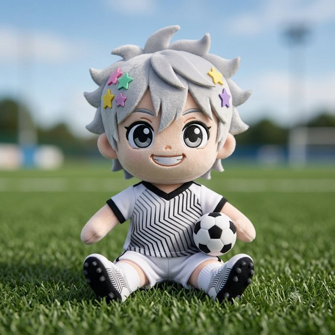 A cute plush toy of an anime-style character with gray hair decorated with colorful stars, wearing a soccer uniform and holding a soccer ball on a grassy field.