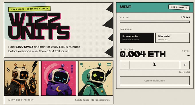 The image shows a mint page for "WIZZ UNITS," a collection of 2,345 NFT units on the Robinhood Chain, priced at 0.004 ETH each, with a counter showing 0/2,345 minted and a note that it "Opens at launch." This relates to the post, which announces the mint goes live in one hour at 3:30 PM UTC, directing users to nft.wizzhq.xyz to participate in minting these WIZZ NFTs.