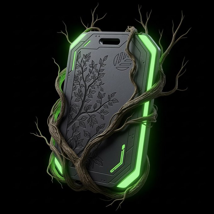 A futuristic sci-fi device or shield with glowing green edges, wrapped in twisted brown vines and featuring embossed leaf patterns on a black background.