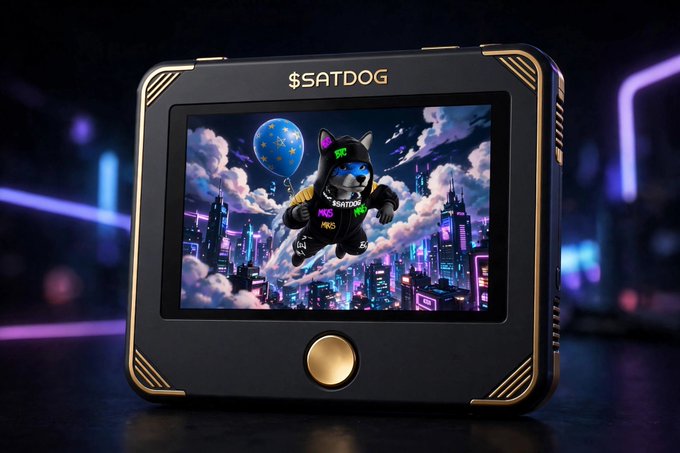A '$SATDOG' branded black and gold crypto hardware wallet device displaying a digital artwork of an astronaut dog over a neon cyberpunk cityscape.
