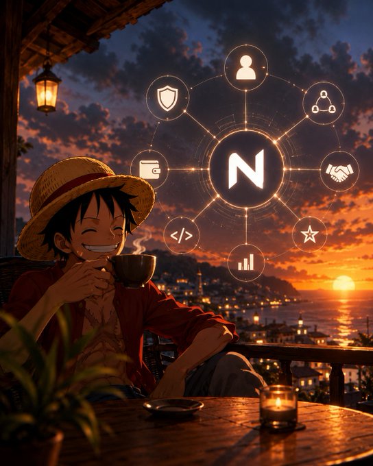 An anime-style illustration shows a character in a straw hat smiling while holding a cup, with an 'N' logo and various icons floating in the sky against a sunset coastal backdrop.