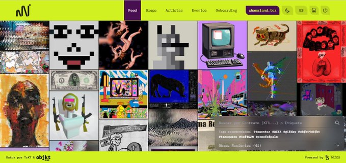 A screenshot of the chamaland.tcz NFT platform homepage displaying a gallery of digital artworks including pixel art, illustrations, and abstract pieces, with a dropdown menu showing tags and recent works.