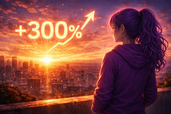 Anime-style digital art of a girl with purple hair looking at a city skyline at sunset, with large text displaying '+300%' next to an upward-trending arrow.