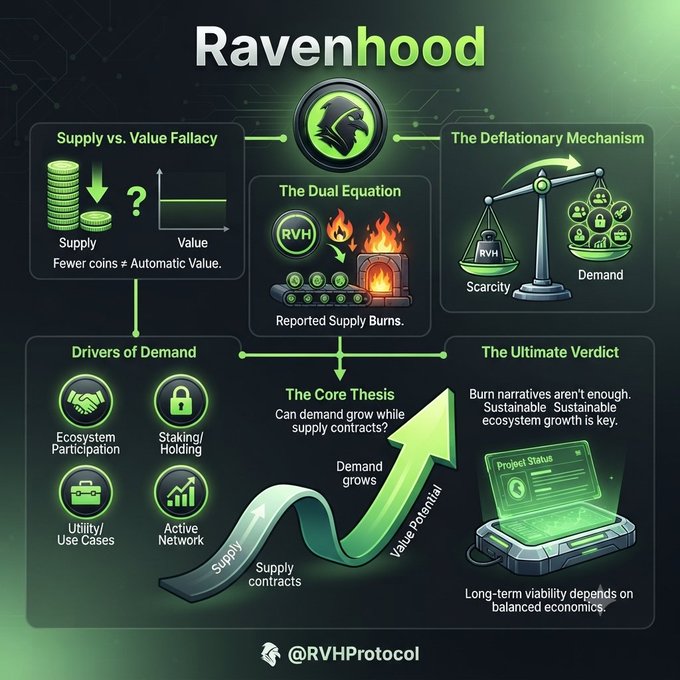Infographic for 'Ravenhood' (@RVHProtocol) explaining its deflationary mechanism, dual equation, supply vs. value fallacy, drivers of demand, and core thesis on sustainable ecosystem growth.