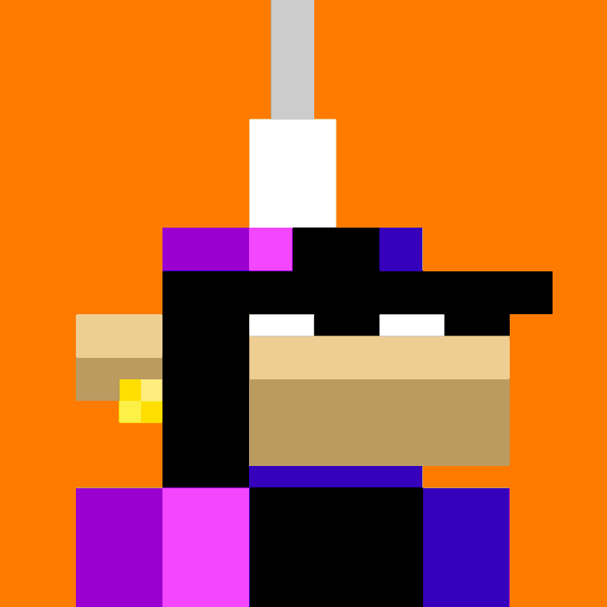 A pixel art illustration of a figure with a black hat, purple and magenta accents, and a tan face against an orange background, appearing to wear 3D-style glasses.
