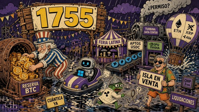 A colorful crypto-themed illustration featuring Uncle Sam with a Bitcoin 'RESERVA BTC' chest, a robot in a car, and references to '1755', 'APTOS USDC', 'GPU NVIDIA', and 'ISLA EN VENTA'.