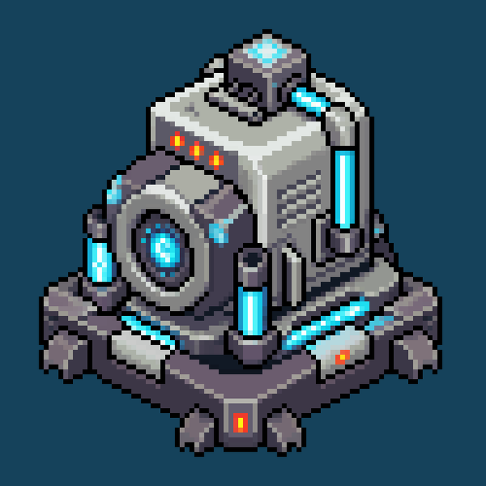 A pixel-art illustration of a futuristic sci-fi machine or reactor with glowing cyan tubes, red indicator lights, and mechanical components on a dark teal background. The image likely represents an NFT minting or reveal system tied to the 8-tier sale, visually symbolizing the high-tech "reveal" process mentioned in the post.