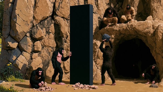 A humorous 3D rendering of prehistoric apes and chimpanzees discovering a mysterious black monolith near a cave, styled as a parody of the iconic 2001: A Space Odyssey scene.