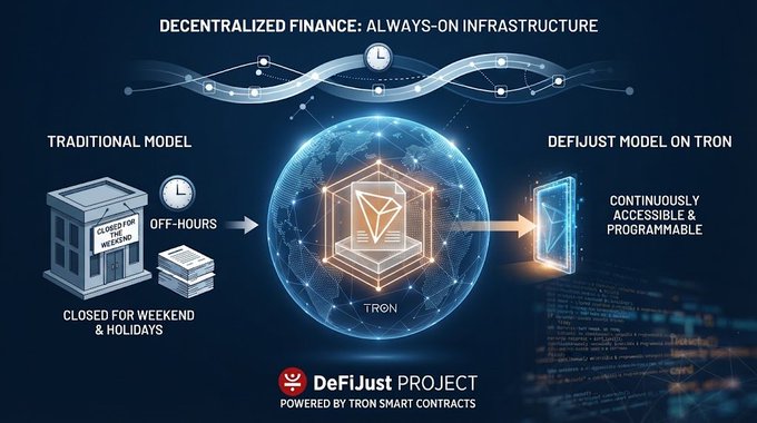 An infographic titled 'DECENTRALIZED FINANCE: ALWAYS-ON INFRASTRUCTURE' comparing traditional finance (closed on weekends) with the DeFiJust Model on TRON blockchain for continuous accessibility.