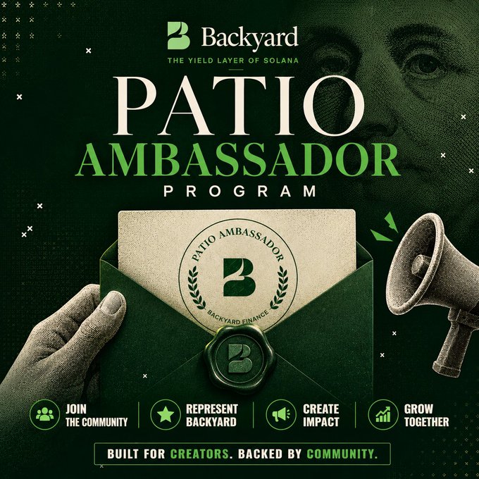 A dark green promotional poster for the 'Backyard Patio Ambassador Program' with the tagline 'BUILT FOR CREATORS. BACKED BY COMMUNITY,' featuring an envelope with a Backyard seal and a megaphone.