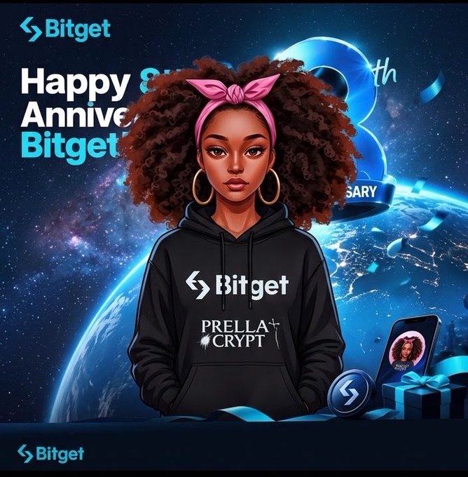 A Bitget 8th anniversary promotional graphic featuring an illustrated woman with curly hair wearing a pink headband and a 'Bitget Prelia+ Crypt' hoodie, with a gift box and phone display against a space backdrop.