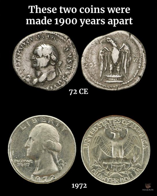 The image shows two pairs of coins dated "72 CE" (Roman denarius) and "1972" (U.S. quarter), with text noting they were "made 1900 years apart," illustrating how currency design and the practice of debasement have persisted across millennia.