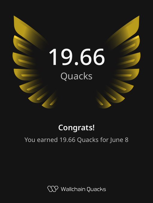 The image shows a logo with an award graphic featuring gold wings, accompanied by text that says "concludes" followed by an achievement of earning 19.66 Quacks from Wallchain for June 8th. This accomplishment is being celebrated as they are now a member of the Wallchain community and added to their daily stash.