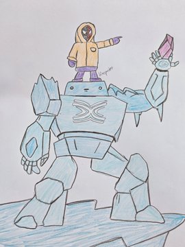 A child's colored drawing of a person in a yellow hooded jacket standing atop a large blue and white robot with an 'X' symbol on its chest, holding a pink crystal.