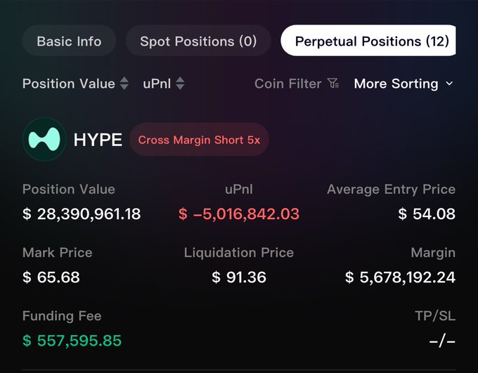 A trading interface showing a perpetual short position on HYPE with a position value of $28,390,961.18 and an unrealized PnL of -$5,016,842.03.