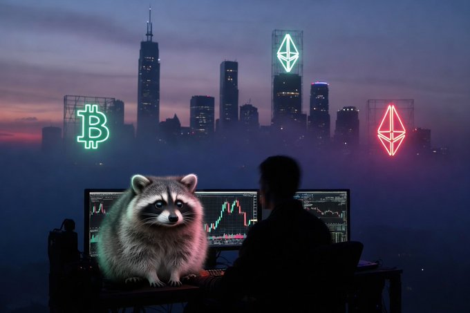 A raccoon sitting next to a person at a trading desk with cryptocurrency charts, set against a city skyline featuring neon Bitcoin and Ethereum logos.