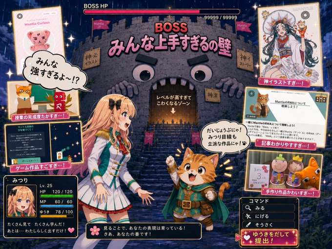 A screenshot from the Mantle for Mankind feedback campaign featuring a blonde anime character (みっり, Lv. 25) and an orange cat mascot confronting a "BOSS" wall labeled "みんな上手すぎるの壁" (Wall of Everyone Being Too Good) with 99999/99999 HP, showing a report submission prompt for sharing campaign impressions. The RPG-style boss battle visual cleverly represents the user's "Mantle Curious" persona feeling intimidated by the skilled participants of the Mantle JP community.