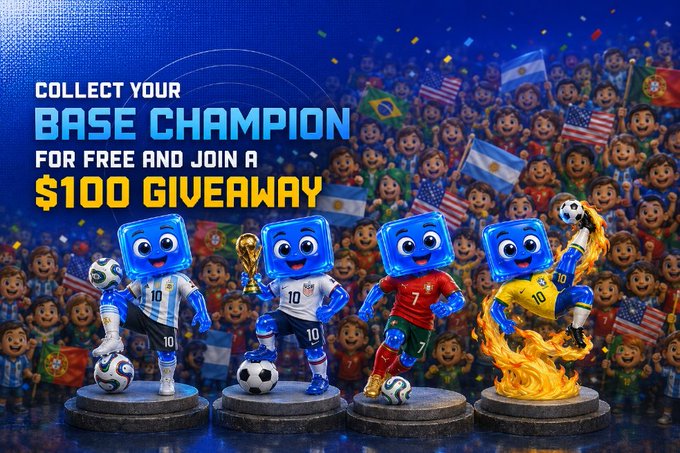 A vibrant promotional image features four cartoonish blue square-headed mascots dressed as World Cup soccer players in Argentina, USA, Portugal, and Brazil jerseys, displayed on pedestals in front of a cheering global crowd waving international flags. The bold text reads "COLLECT YOUR BASE CHAMPION FOR FREE AND JOIN A $100 GIVEAWAY," promoting a Sweep Quest campaign to collect four Base-themed NFTs for a chance to win a $100 prize pool.