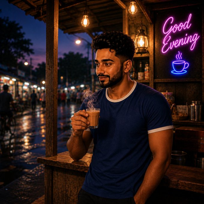 A young man with dark hair and a beard wearing a blue t-shirt holding a cup of steaming tea or coffee at an outdoor evening café, with a pink and blue neon 'Good Evening' sign featuring a coffee cup in the background.