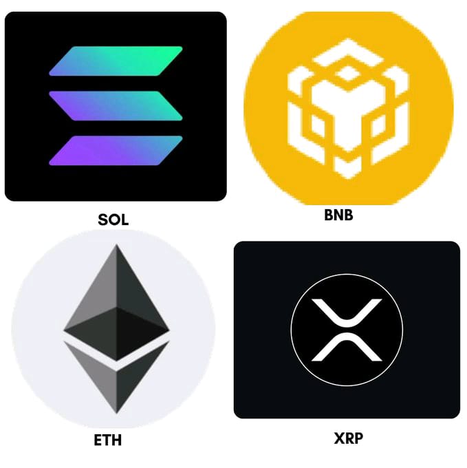Logos of four cryptocurrencies: Solana (SOL), BNB, Ethereum (ETH), and XRP.