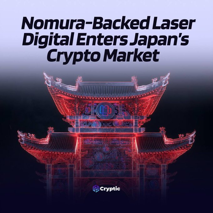 A digital illustration features a traditional Japanese gate illuminated in red and blue neon lights, with the headline "Nomura-Backed Laser Digital Enters Japan's Crypto Market" and the "Cryptic" logo at the bottom, visually representing the fusion of Japan's cultural heritage with the arrival of a new crypto exchange in the country's market.
