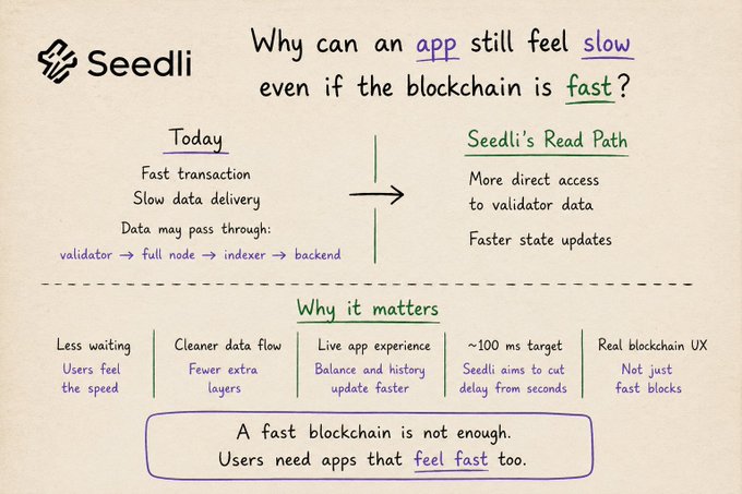 An infographic from Seedli titled 'Why can an app still feel slow even if the blockchain is fast?' comparing today's data path (validator → full node → indexer → backend) with Seedli's more direct read path to validator data.