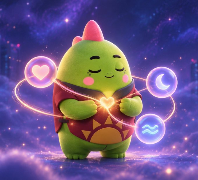 A 3D-rendered green cartoon character with a pink horn and red shirt stands with eyes closed, holding a glowing heart, surrounded by floating orbs containing a heart, crescent moon, and water wave symbols against a starry purple background.