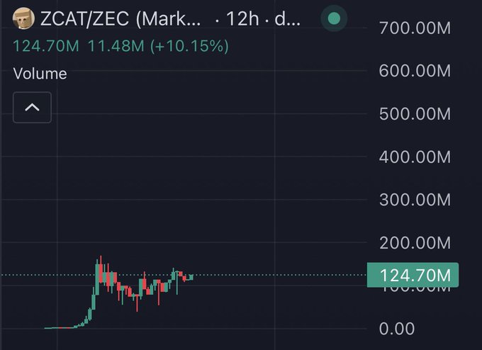 The image shows a candlestick chart for the ZCAT/ZEC trading pair on a 12-hour timeframe, displaying volume of 124.70M with a notable spike to 700M and a recent gain of +10.15%, likely shared in response to the user's question about "zcat coin" to illustrate its price action and trading activity.
