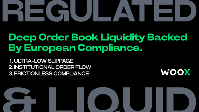 A promotional banner for 'WOOX' exchange highlighting 'Deep Order Book Liquidity Backed By European Compliance' with points like ultra-low slippage and institutional order flow, set against a 'REGULATED & LIQUID' background.