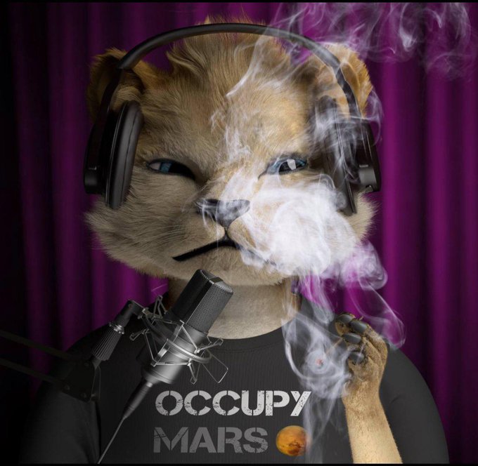 A lion wearing headphones smokes from a hookah in front of a microphone, wearing a black "OCCUPY MARS" t-shirt with a small Mars graphic. The meme humorously depicts a laid-back, recreational vibe that contrasts with the post's serious message about avoiding cabal farming in crypto—portraying the speaker as someone refusing to get high on insider profits, instead "occupying Mars" with a fair-launch token ($COB) that keeps 75% of supply off the market.