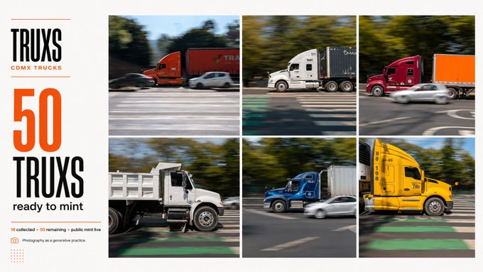 A promotional graphic for 'TRUXS CDMX TRUCKS' showing a collection of 50 trucks, with a 3x2 grid of photographs featuring various trucks (red, white, blue, yellow) on a road.