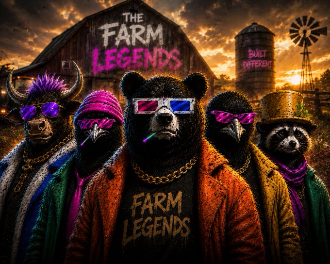A colorful, stylized digital artwork titled "THE FARM LEGENDS" depicting anthropomorphic animals—a bull, crow, bear, raven, and raccoon—dressed in streetwear with 3D glasses, gold chains, and sunglasses, standing in front of a barn and silo with the slogan "BUILT DIFFERENT."