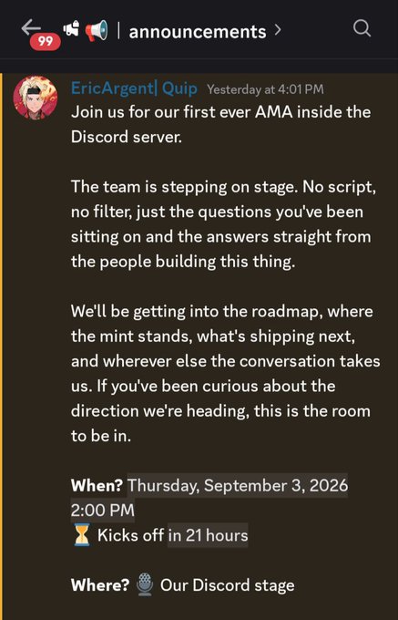 Discord announcement in the #announcements channel from EricArgent| Quip inviting members to their first ever AMA session inside the Discord server on Thursday, September 3, 2026 at 2:00 PM, kicking off in 21 hours, taking place on the Discord stage.