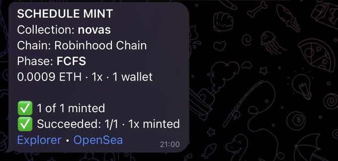 An NFT minting success screen showing 'SCHEDULE MINT', Collection: novas, Chain: Robinhood Chain, Phase: FCFS, 0.0009 ETH · 1x · 1 wallet, with '1 of 1 minted' and 'Succeeded: 1/1 · 1x minted' confirmation.
