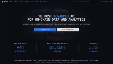 The image shows a promotional webpage for Arkham Intelligence, an on-chain analytics platform, highlighting its tagline "The Most Advanced AI for On-Chain Data and Analytics" with call-to-action buttons for "Start Building" and "AI Analytics." The page displays impressive metrics including 94% attribution, $1.150T assets tracked, and 3.18M addresses labeled, illustrating Arkham's data capabilities referenced in the post about building a memecoin data dashboard using their API.