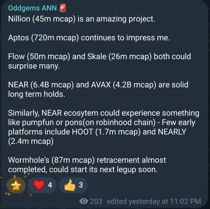 Crypto post by Oddgems ANN listing bullish projects and market caps: Nillion ($45M), Aptos ($720M), Flow ($50M), Skale ($26M), NEAR ($6.4B), AVAX ($4.2B), HOOT ($1.7M), NEARLY ($2.4M), and Wormhole ($87M).