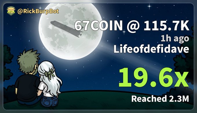 A Rick and Morty-styled image from @RickBurpBot showing a call on Lifeofdefidave with "67 COIN @ 115.7K, 1h ago" highlighting a 19.6x return reaching 2.3M.