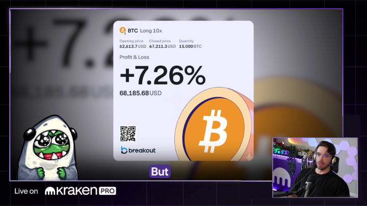 The image shows a live trading stream on Kraken Pro featuring a successful Bitcoin long trade with a 10x leverage, opened at $62,613.7 and closed at $67,211.3, yielding a +7.26% profit totaling $68,185.68 USD. A Breakout trading card displays the BTC results alongside an animated Pepe mascot and the streamer in the corner, illustrating the executed trade referenced in the caption.