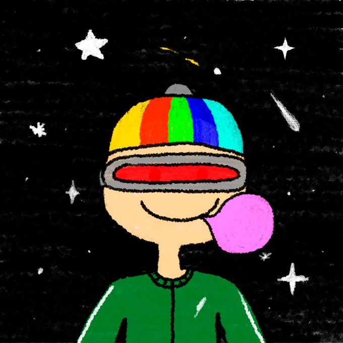 A child-like digital drawing shows a smiling figure with a rainbow-striped hat and large red visor blowing a pink bubblegum bubble against a starry black background.