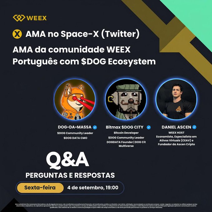 Promotional graphic for the WEEX AMA on Space-X (Twitter) featuring a Q&A with the $DOG Ecosystem in Portuguese, hosted by Daniel Ascen with guests DOG-DA-MASSA and Bitmax $DOG CITY, scheduled for Friday, September 4th at 19:00, matching the accompanying post's announcement of the 9th WEEX AMA discussion about $DOG and WEEX.